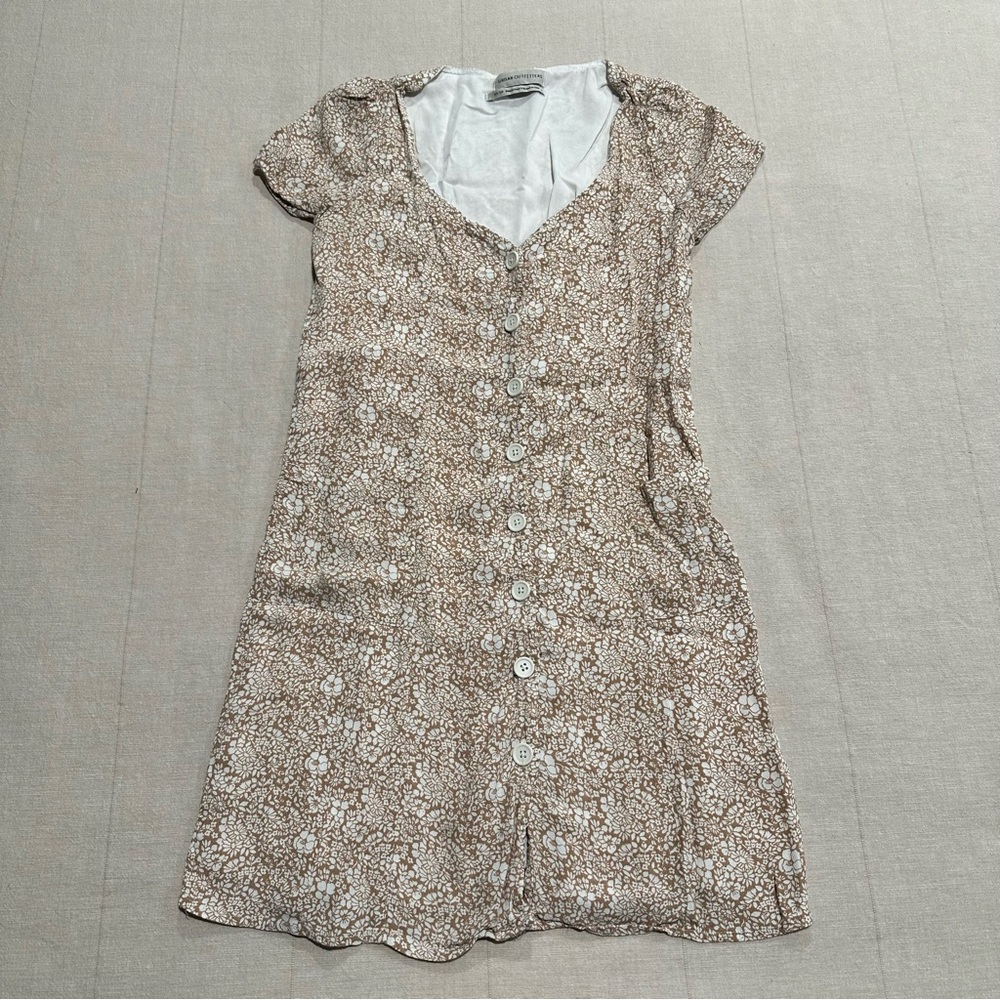 Urban Outfitters Brown White Floral Button Front Pocket Dress with Waist Cinch